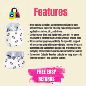 May include: White protective case for AirPods with a repeating pattern of a man's face. The case features a sleek design, wireless charging compatibility, and dustproof and waterproof protection. The text "FREE EASY RETURNS" is displayed in pink.