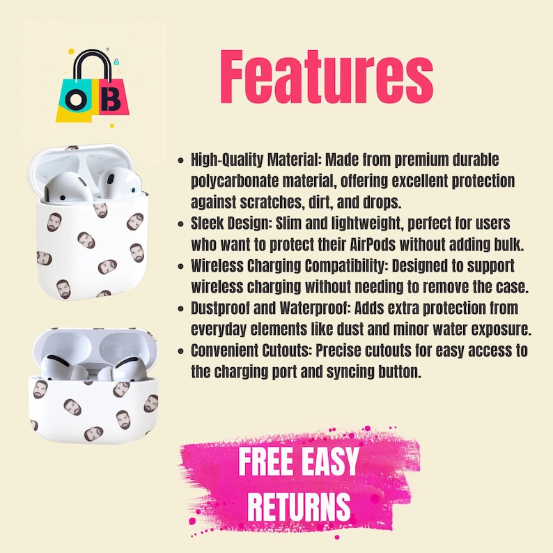 May include: White protective case for AirPods with a repeating pattern of a man's face. The case features a sleek design, wireless charging compatibility, and dustproof and waterproof protection. The text "FREE EASY RETURNS" is displayed in pink.