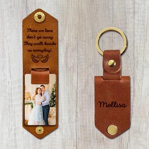 Personalized Leather Keychain with Photo Metal Tag Photo Keychain Engraved Keychain Gift For Him Gift For Her