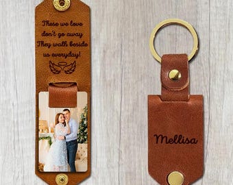 Personalized Photo Leather Keychain, Engraved Metal Tag