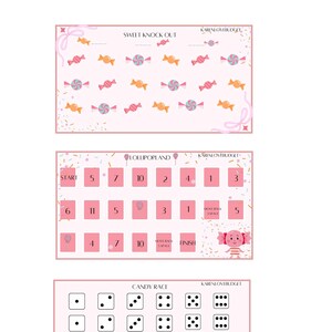 May include: Three game boards with a pink background and candy-themed graphics. The first board is called "Sweet Knock Out" and has a grid of candy images. The second board is called "Lollipop Land" and has a grid of numbers. The third board is called "Candy Race" and has a grid of dice with different numbers of dots.