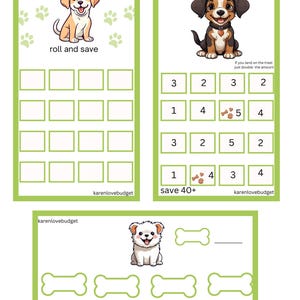 Puede incluir: Un tablero de juego imprimible con un fondo verde y diseños de huellas de patas. El tablero de juego presenta un perro de dibujos animados y el texto "roll and save". El tablero de juego tiene una cuadrícula de cuadrados con números en cada cuadrado. El tablero de juego también tiene el texto "save 40+" y "karenlovebudget".
