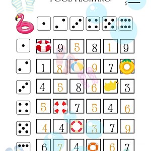 May include: A white game board with the text "POOL FLOATING IF YOU LAND ON AN ICON". The board features dice, numbers, and summer-themed icons like a flamingo float and a beach ball. The text "KARENLOVEBUDGET" is at the bottom.