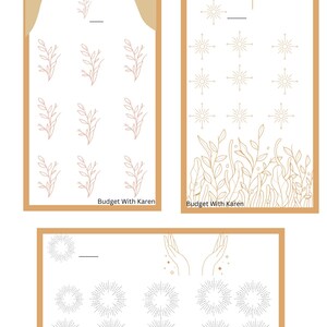 Puede incluir: Tres plantillas de presupuesto imprimibles con una estética minimalista. Cada plantilla presenta un diseño diferente: un patrón floral, un patrón de sol y estrellas y un patrón de rayos de sol. El texto "Budget With Karen" aparece en la parte inferior de cada plantilla.