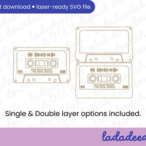 May include: A laser-ready SVG file featuring cassette tape designs. The design includes two cassette tapes and a top view of a cassette tape. The text on the cassette tape reads "SUCH GREAT HEIGHTS - THE POSTAL SERVICE". The file is available for instant download.