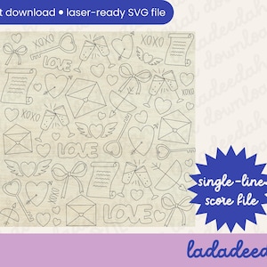 May include: Black and white line art design featuring hearts, arrows, keys, envelopes, and champagne glasses. The design is perfect for Valentine's Day crafts and projects.