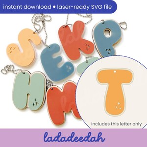Etiqueta para bolso con llavero con letra "T" Sparkle Bubble Alpha (una sola letra) - Archivo SVG láser - Uso comercial
