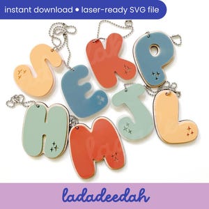 Llavero con etiqueta para bolso con letra Alfa de Sparkle Bubble (CONJUNTO COMPLETO de 26) - Archivo SVG láser - Uso comercial
