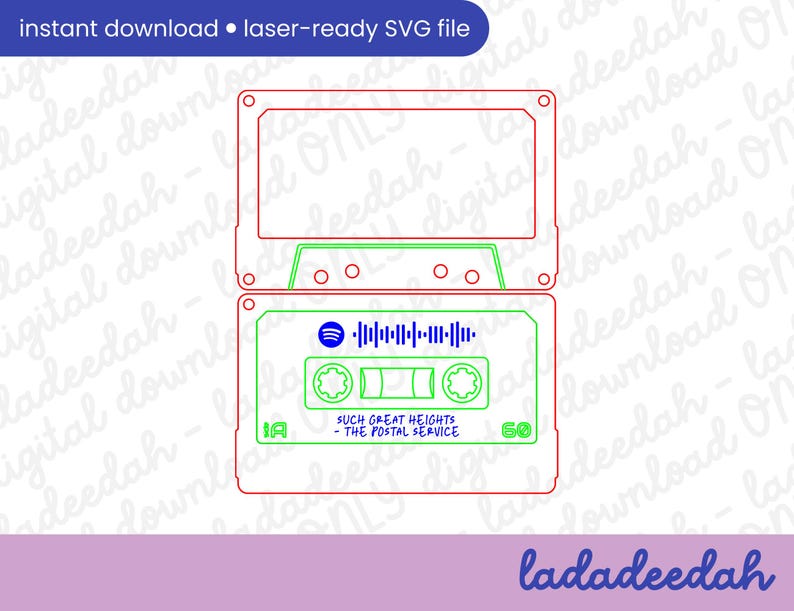 May include: A laser-ready SVG file featuring a cassette tape design. The design includes the text "SUCH GREAT HEIGHTS - THE POSTAL SERVICE" and a Spotify logo with a soundwave. The cassette tape is outlined in red and green.
