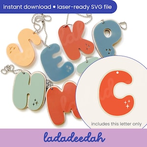 Etiqueta para bolso con llavero con letra "C" Sparkle Bubble Alpha (una sola letra) - Archivo SVG láser - Uso comercial