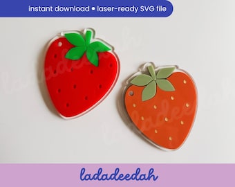 May include: Two red and orange strawberry shaped SVG files. The strawberries have green leaves and are ready to be cut with a laser cutter.