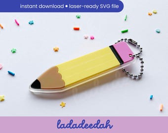 May include: A yellow pencil keychain with a pink eraser and a silver chain. The pencil is made of acrylic and has a black tip.