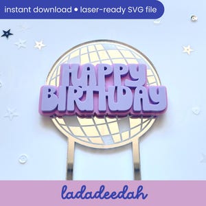 May include: A purple and lavender "Happy Birthday" cake topper with a globe design. The text is in a bubble font, and the topper has a silver stem. The image also includes the text "instant download • laser-ready SVG file" and "ladadeedah".
