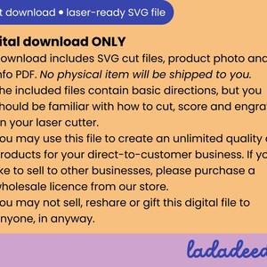 May include: A digital download graphic with the text "instant download &bull; laser-ready SVG file." The text "Digital download ONLY" is prominent, with bullet points detailing the included files and usage rights. The image has a peach background with a purple banner at the bottom.