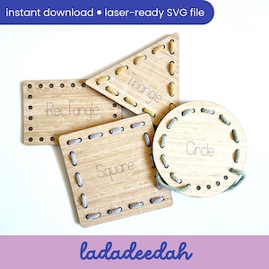 May include: Wooden shape puzzles with the words "Rectangle", "Triangle", "Square", and "Circle". Each shape has holes around the edges with a colored string laced through them. The text "instant download • laser-ready SVG file" is at the top.