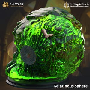May include: A green gelatinous sphere monster miniature for tabletop role-playing games. The miniature is made of a translucent green plastic and has a textured surface. The miniature is sitting on a black base.