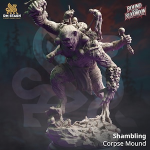 May include: A detailed miniature of a monstrous, skeletal creature with multiple arms and skulls. The creature is standing on a rocky base and is painted in shades of gray and purple. The text "Shambling Corpse Mound" is visible below the creature.