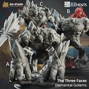 May include: Three gray stone elemental golems, each with a different face, stand on a circular base. The golems are part of a set called "The Three Faces Elemental Golems" from the "War of the Elements" game.