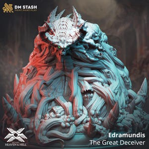 May include: A detailed 3D printed miniature of a monstrous creature with a skull-like face and long, twisted tentacles. The creature is painted in shades of gray and white, with hints of red and green. The miniature is titled "Edramundis The Great Deceiver" and is part of the "Beyond Heaven & Hell" collection.