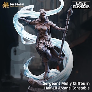 May include: A detailed figurine of Sergeant Molly Cliffburn, a half-elf arcane constable, stands with a staff and flowing blue energy. The figure is in a dynamic pose, with intricate armor and clothing details. The image includes the text "DM STASH" and "LAW & DISORDER."