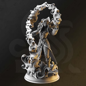 May include: A white painted figurine of a woman with long hair, wearing a flowing robe and holding a swirling cloud of energy in her hands.