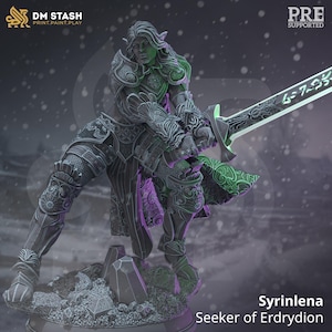 May include: A detailed miniature figurine of a female elf warrior in ornate armor, holding a sword with glowing runes. The figure is posed in a dynamic stance, with one leg raised and the sword held high. The background is a snowy landscape.