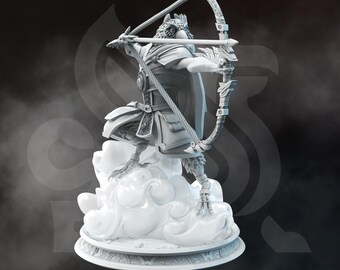 Puede incluir: Figura miniatura Akataka - Ranger del pueblo de las aves, un modelo impreso en 3D blanco de una figura humanoide similar a un pájaro que sostiene un arco y una flecha, de pie sobre una base en forma de nube.