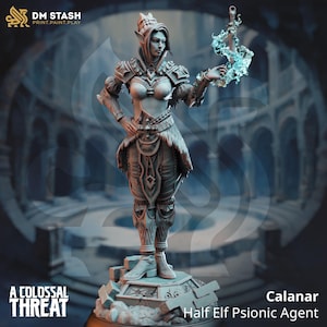 May include: A gray painted miniature figurine of a female elf warrior with a sword and blue energy effect. The figurine is standing on a base with the text "Calanar Half Elf Psionic Agent" and "A Colossal Threat" printed on the base.