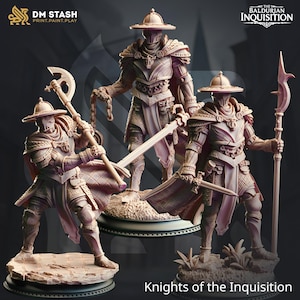 May include: Three miniature figures of knights in armor, each holding a different weapon. The knights are wearing helmets with a distinctive brimmed hat design. The figures are painted in a light brown color and are standing on circular bases. The text "Knights of the Inquisition" is printed below the figures.