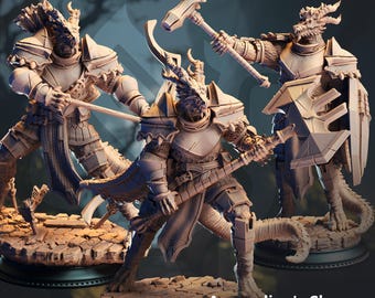 Set of 3 Azmordion’s Chosen – Silver Dragonkin Knights D&D Miniature Dragonborn Half-Dragon Paladin Fighter Warrior Guard Dungeons  RPG