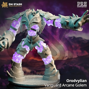 May include: A 3D printed miniature of a gray stone golem with purple glowing energy flowing through its body. The golem is standing on a circular base. The text "Orodvylian Vanguard Arcane Golem" is printed below the golem.