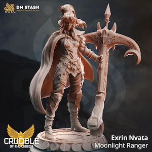 May include: A detailed miniature figurine of a female ranger, holding a large, ornate weapon. She is wearing a flowing cloak and intricate armor. The figurine is painted in a light brown color and is set on a circular base. The text "Exrin Nvata Moonlight Ranger" is visible below the figurine.