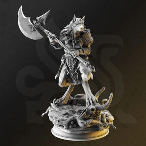 May include: A gray, detailed miniature figurine of a wolf-like creature holding a large axe. The creature is wearing armor and a skirt. The figurine is standing on a base with a skull and other details.