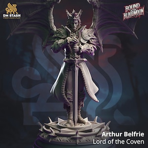 May include: A detailed miniature figurine of a character named Arthur Belfrie, Lord of the Coven, from the game Bound in the Bloodmoon. The figurine is painted in a grey colour and features a crown, wings, and a sword.