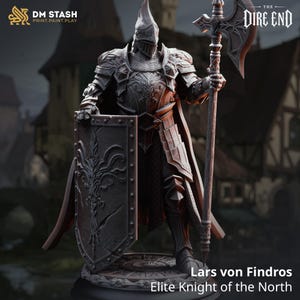 May include: A grey knight figurine standing on a circular base, wearing ornate plate armor and a pointed helmet. The knight holds a large rectangular shield with an embossed floral design in one hand and a tall poleaxe in the other hand.