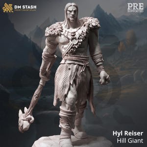 May include: A detailed, unpainted miniature of a Hill Giant, a large, muscular humanoid with long hair and a club. The miniature is posed in a standing position, holding the club in its right hand. The miniature is designed for tabletop gaming.