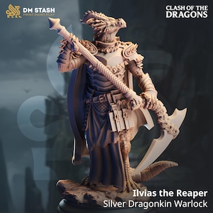 May include: A detailed figurine of Ilvias the Reaper, a Silver Dragonkin Warlock, holding a large scythe-like weapon. The figure is clad in ornate armour and a flowing cape. The base is a rocky terrain. The text "CLASH OF THE DRAGONS" is at the top.