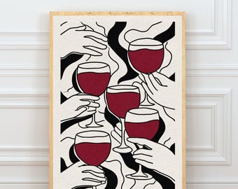 Può includere: Una stampa artistica incorniciata con un motivo ripetuto di mani che reggono calici di vino pieni di liquido rosso scuro. L'illustrazione utilizza spessi contorni neri su uno sfondo color crema, con il vino colorato in rosso scuro pieno.