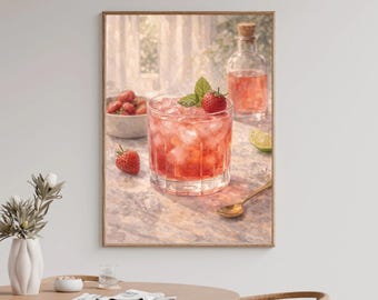 Può includere: Una stampa ad acquerello incorniciata di un rinfrescante cocktail alla fragola. La bevanda è in un bicchiere trasparente con ghiaccio, guarnita con una fragola e menta. Sono visibili anche una ciotola di fragole, una bottiglia di liquido rosa e una fetta di lime.