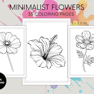 Libro da colorare di fiori minimalisti / 35 semplici disegni di fiori / Rilassanti pagine da colorare per adulti