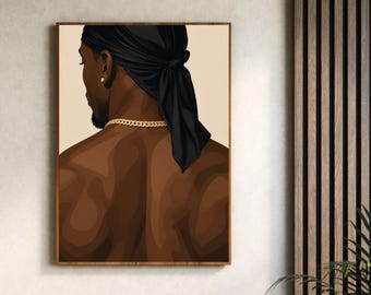 Può includere: Una stampa d'arte digitale che raffigura una persona dalla pelle scura vista di spalle, che indossa un durag nero annodato sulla nuca, un orecchino a lobo dorato e una spessa catena d'oro su uno sfondo beige chiaro a tinta unita.