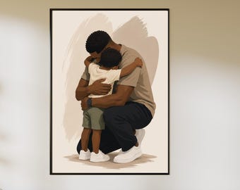 Può includere: Un'illustrazione digitale incorniciata che raffigura un adulto dalla pelle scura inginocchiato per abbracciare un bambino piccolo. L'adulto indossa una maglietta beige, pantaloni scuri e scarpe da ginnastica bianche. Il bambino indossa una maglietta bianca e pantaloncini verde oliva.