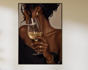 Può includere: Un'illustrazione digitale di una persona dalla pelle scura che indossa gioielli d'oro, tra cui un orecchino a cerchio, diversi anelli e un braccialetto a catena. La persona tiene in mano un bicchiere trasparente riempito di un liquido giallo pallido.