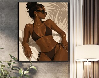 Illustrazione di moda in bikini per pelli scure / Quadro da parete con donna nera