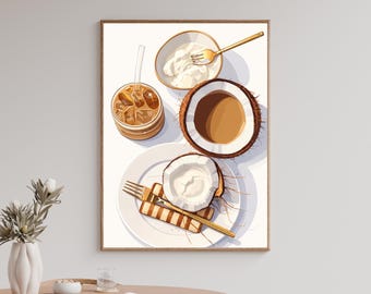 Può includere: Una stampa artistica incorniciata che mostra una vista dall'alto di una colazione con un bicchiere di caffè freddo, una ciotola di yogurt con una forchetta dorata, un cocco tagliato a metà e un piatto bianco con mezzo cocco e un wafer.