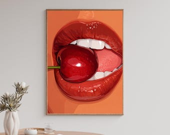 Può includere: Una stampa artistica incorniciata con un primo piano di labbra rosse lucide con una ciliegia tra i denti. L'opera d'arte è in stile pop art con colori vivaci e linee audaci. Lo sfondo è arancione pieno.