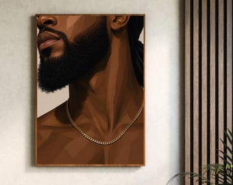 Può includere: Una stampa d'arte digitale incorniciata che presenta un'illustrazione stilizzata in low-poly di una persona dalla pelle scura, con una folta barba nera e capelli legati. Il soggetto è ritratto dal petto in su, con una catenina d'oro su sfondo beige.
