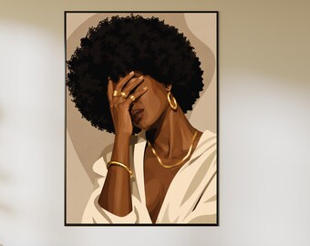 Quadro da parete con donna nera afro / Arte stampabile di bellezza melanina / Ritratto di moda in formato digitale