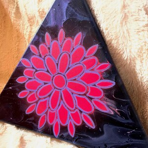 An Abstract Fluorescent Pink Mandala on an Acrylic Paint Pour Triangle Canvas image 3
