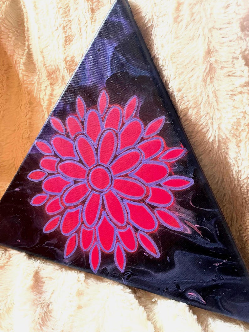 An Abstract Fluorescent Pink Mandala on an Acrylic Paint Pour Triangle Canvas image 3